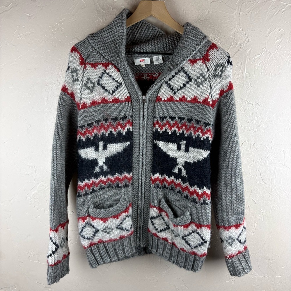 Levi’s Zip-up Cardigan Sweater Gray Red Blue Eagle Thunderbird Wool Meedium